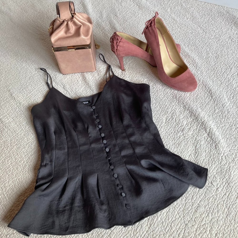 Express Button Front Gray V-Neck Peplum Camisole Top sz M